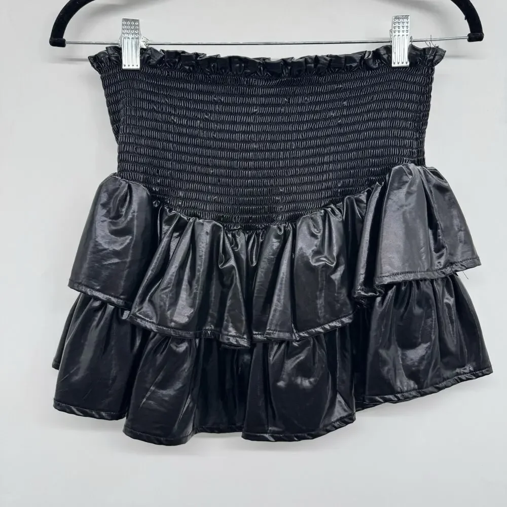 Queen of Sparkles Faux Patent Leather Skort Skirt Sz S Black Tiered Skirt Mini